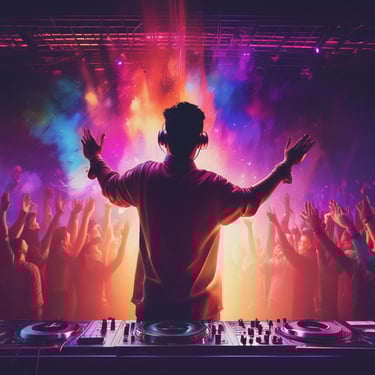 DJ Shail behind the decks, focused and mixing tracks with a smile.