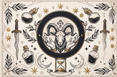 A vintage occult illustration features a goat-headed deity, alchemical symbols, swords, and potion bottles, ideal for