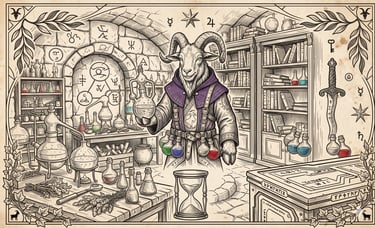 Vintage fantasy illustration of a goat alchemist in a laboratory with magic potions and occult symbols.