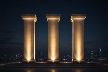 Golden columns against a city skyline at night representing The 3 Pillars business advisory framewor
