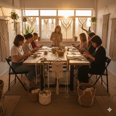 mujeres en un taller realizando artesanías de macrame 