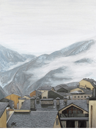 "Туманний ранок в Andorra la Vella" Полотно, олія, 30х40 Андорра, 2016