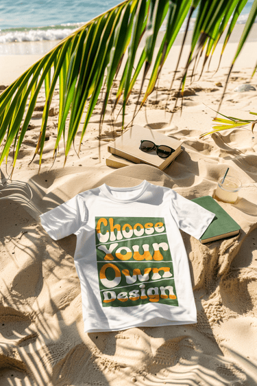 White custom t-shirt mockup laying on a tropical beach sand with palm leaves and sunglasses.