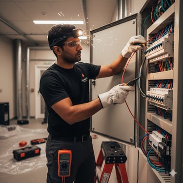 Professional electrician repairing an open circuit breaker panel with a headlamp and tools.