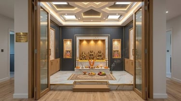 Modern pooja room interior with marble altar and false ceiling lights by Unid 1 Durgapur.