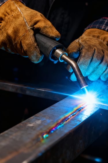 Close up of Ember weling a pices of steel together