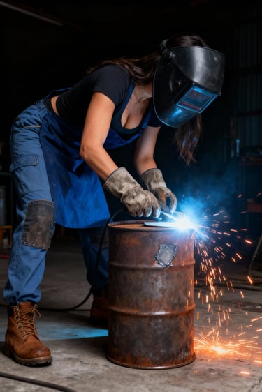 Ember welding a barrel seal onto the top of steel barrel