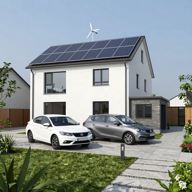 Modern home with solar panels and electric vehicle charging during sunny day
