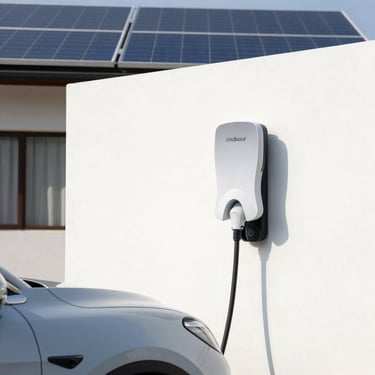 Electric vehicle charging at home with visible solar panels on roof at sunset