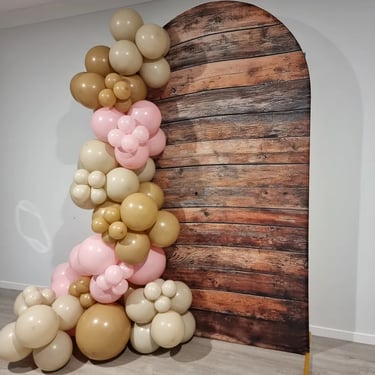 Balloon Garland with the wooden fabric cover on the Arch Backdrop in Redlandbay, Redlands - party hire by SweetAz Co.