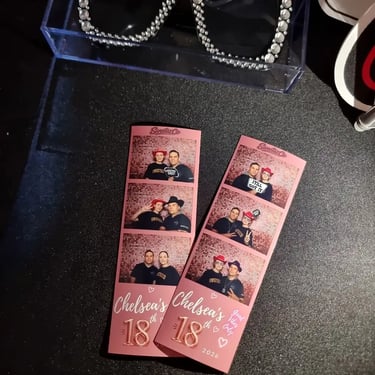 Photo Booth strip prints on the props table at an 18th Celebration in Mudgeeraba, Gold Coast - party hire by SweetAz Co.