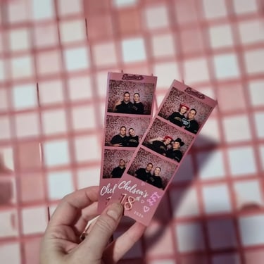 Photo Booth print strips against the backdrop at a Birthday Party in Mudgeeraba, Gold Coast - party hire by SweetAz Co.
