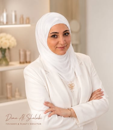 Dima Al Shalabi, Beauty Director in a white hijab and blazer, posing in a professional skincare studio.