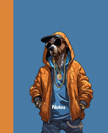 Rap dog orange jacket blue background