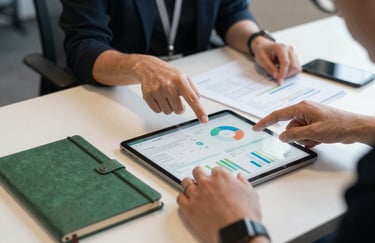 Close-up of a digital strategy workshop in a European / French agency, hands pointing at a tablet showing analytics, forest green notebook on the table.