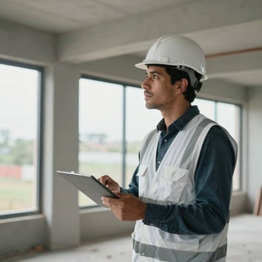 An architect in a white safety vest and hard hat inspecting a modern interior construction site with large windows in Latin America.