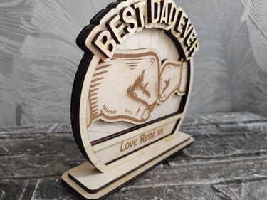 Personalized Best Dad Ever wooden plaque featuring a laser engraved fist bump design for Father's Day.