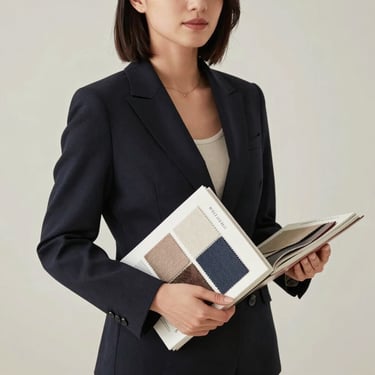 Professional portrait of a female style consultant in a chic dark blazer, holding a book of fabric swatches, soft minimalist studio background, elegant and professional.
