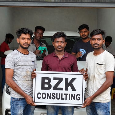 A consultant assisting a client with visa paperwork in an office setting.