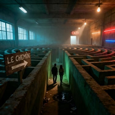 Two people walking through a dark circular maze towards a red exit sign in a misty industrial warehouse.