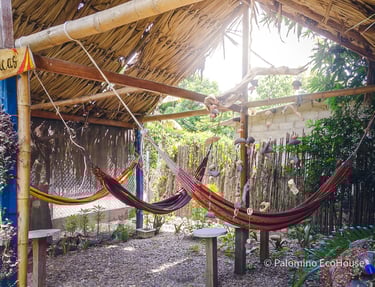 cabaña rustica con hamacas y mucha vegetación