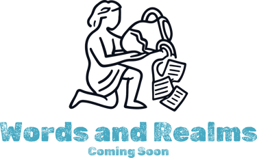Words and Realms logo featuring an artistic line drawing of a figure pouring scrolls from a jar.