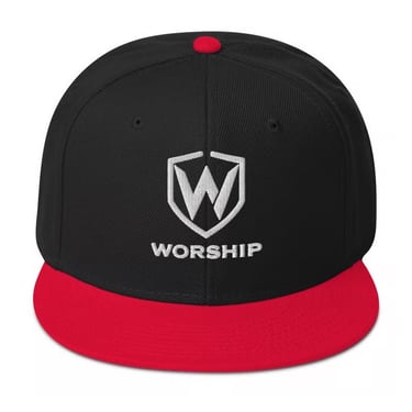 Black and red flat-brim worship snapback hat with a white 'W' logo, ideal for music and church apparel.