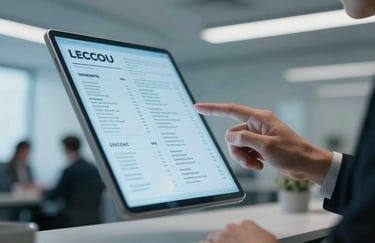 A person's hand interacting with a floating digital menu in a high-tech office environment, soft light blue tones. International / Global.