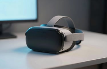 A close-up shot of a modern VR headset resting on a white minimalist table, reflecting a soft blue glow from a nearby screen. International / Global.