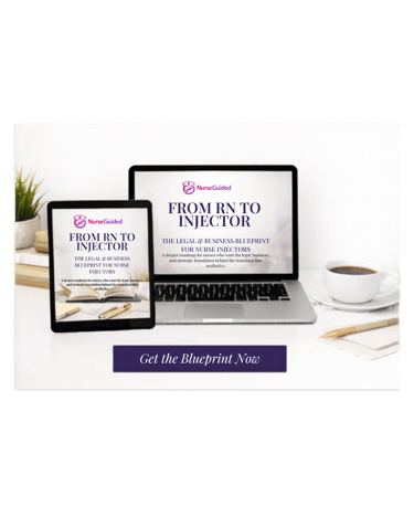 NurseGuided injector blueprint on a laptop and tablet for RN aesthetic training courses.