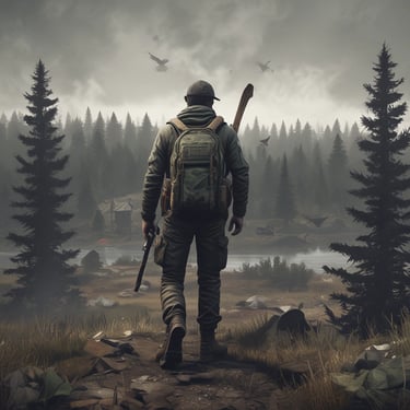 A hiker with a backpack and gear walks through a foggy pine forest near a lake in the wilderness.