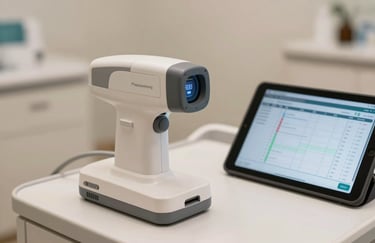 A close-up shot of a biometric measurement device and a professional tablet showing progress charts in a bright, modern South American clinic, clean lines and beige tones.