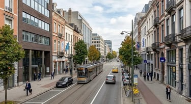Tramway circulant sur une large avenue urbaine animée avec des voitures, piétons, vélos et immeubles commerciaux.