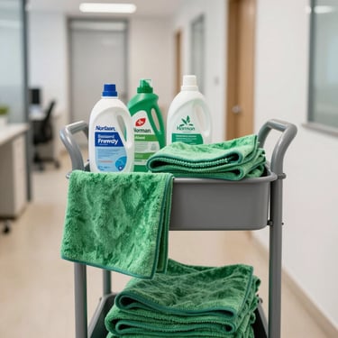 A professional cleaning cart neatly organized with emerald green microfiber cloths and eco-friendly supplies, positioned in a brightly lit, clean office hallway in Rouen, France / Norman.