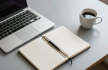 A high-angle shot of a minimalist workstation with a silver laptop, a professional notebook, and a coffee cup on a mist-colored desk. Very clean, modern, and efficient aesthetic.