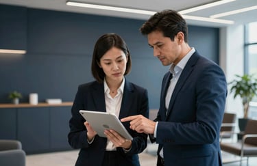 A candid shot of two professionals collaborating over a tablet in a stylish office lobby. The setting uses deep dark slate and silver-blue tones to highlight a sophisticated corporate environment.