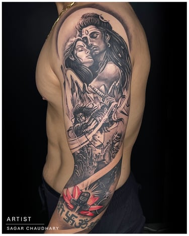 Photo of a religious tattoo of Shiva and Parvati on the full arm
