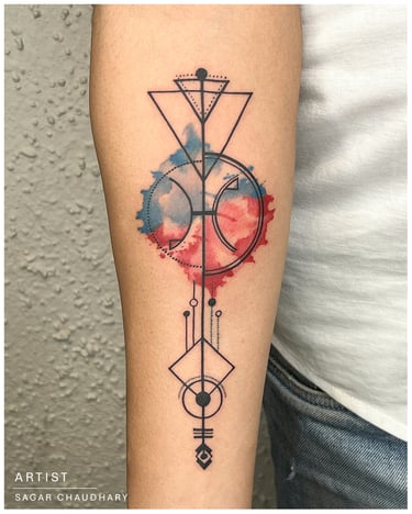 Photo of a colorful and geometric tattoo on the arm