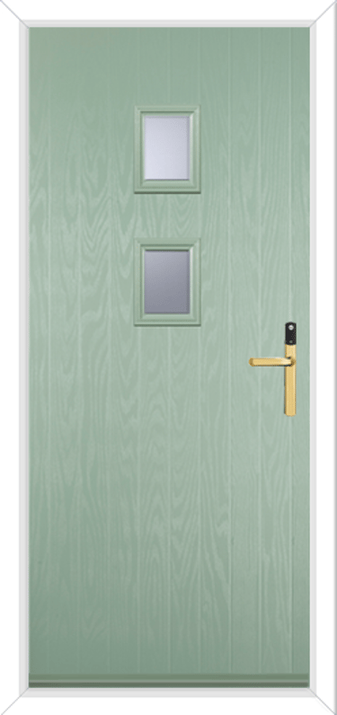 Chartwell green small composite door with two small square panels and gold conexis hardware.png