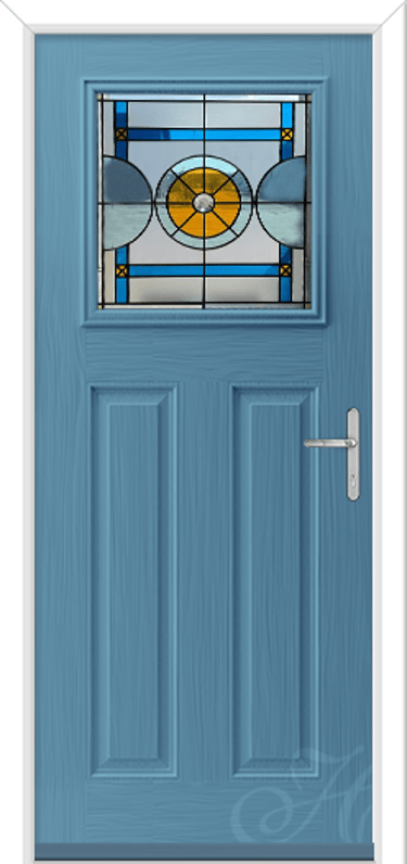 Pigeon blue composite front door with an art deco style glass panel in blues and yellow tones