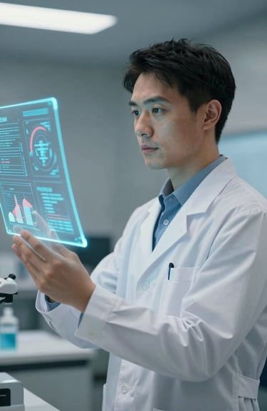 Portrait of a confident medical researcher in a white coat looking at a holographic data display.