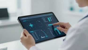 Close-up of a healthcare professional’s hand holding a modern tablet with a clean medical interface.
