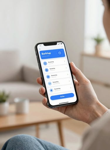 A patient comfortably using a mobile app for screening in a brightly lit, modern living room.