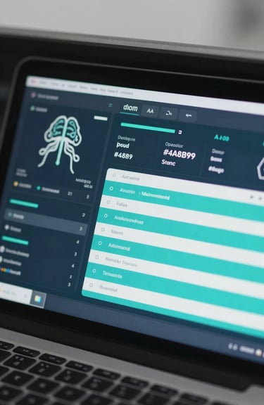 A clean dashboard showing neurological data and AI analysis metrics in #4A8B9C and #6A9B8D.