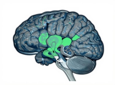 A 3D model of a brain scan showing highlighted regions for diagnostic support in muted blue and green.