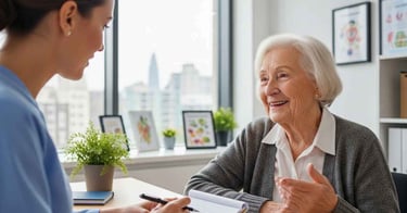 “Close-up de pessoa idosa conversando com nutricionista em consultório iluminado, fotografia realista.”