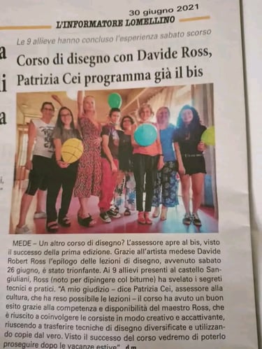 Italian newspaper article about a drawing course with Davide Robert Ross  photo of nine students.