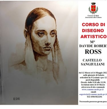 Poster for Davide Robert Ross artistic drawing course at Castello Sangiuliani featuring a monochrome woman's portrait.