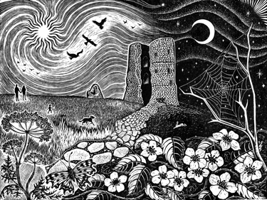 Black and white linocut of Hadleigh Castle by Essex printmaker Natasha Davis