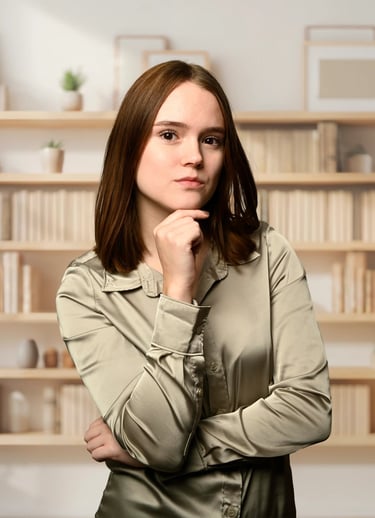 Business-Porträt einer jungen Frau mit nachdenklicher Pose vor Bücherregal, Unternehmensfotografie Berlin.